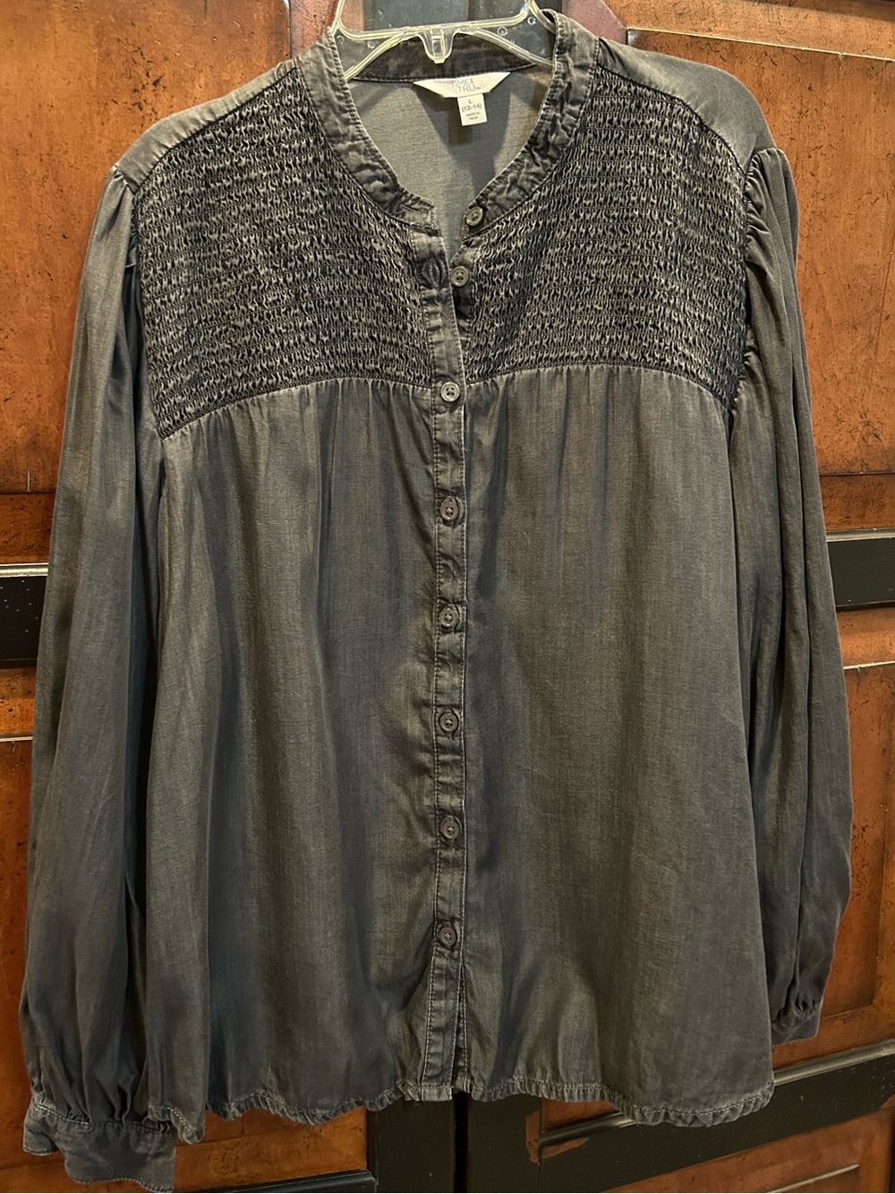 Smocked Yoke Button-Front Blouse in Washed Charcoal